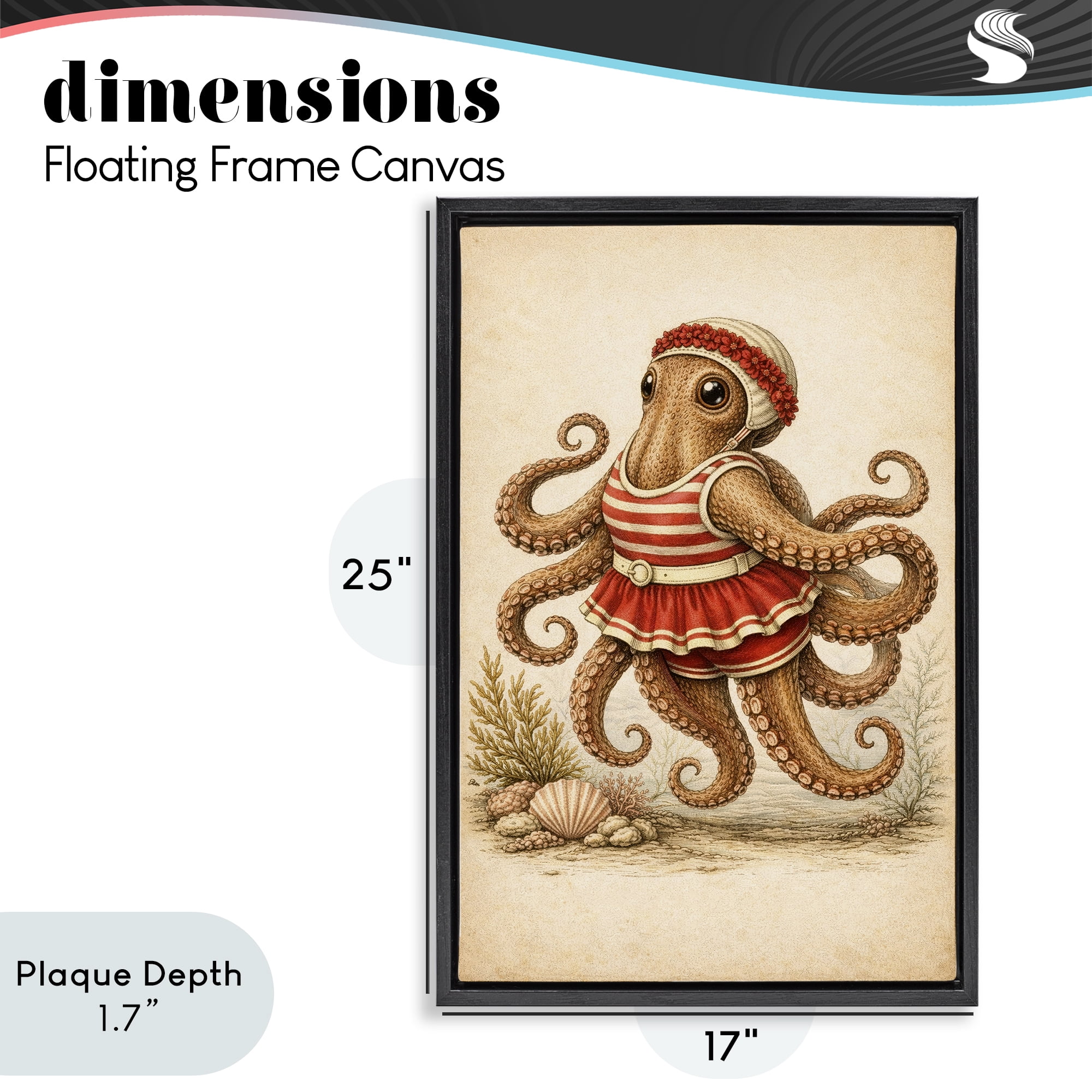 Stupell Industries Octopus of Maritime Bathing Society Black Framed Floater Canvas Wall Art, design by Grotto Studios