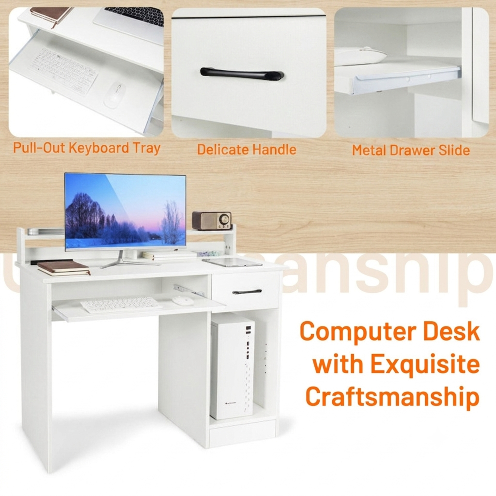 Furnibear Study Laptop Table Computer Desk with Drawer Keyboard Tray and Adjustable Shelf for Home Office Bedroom Study, White