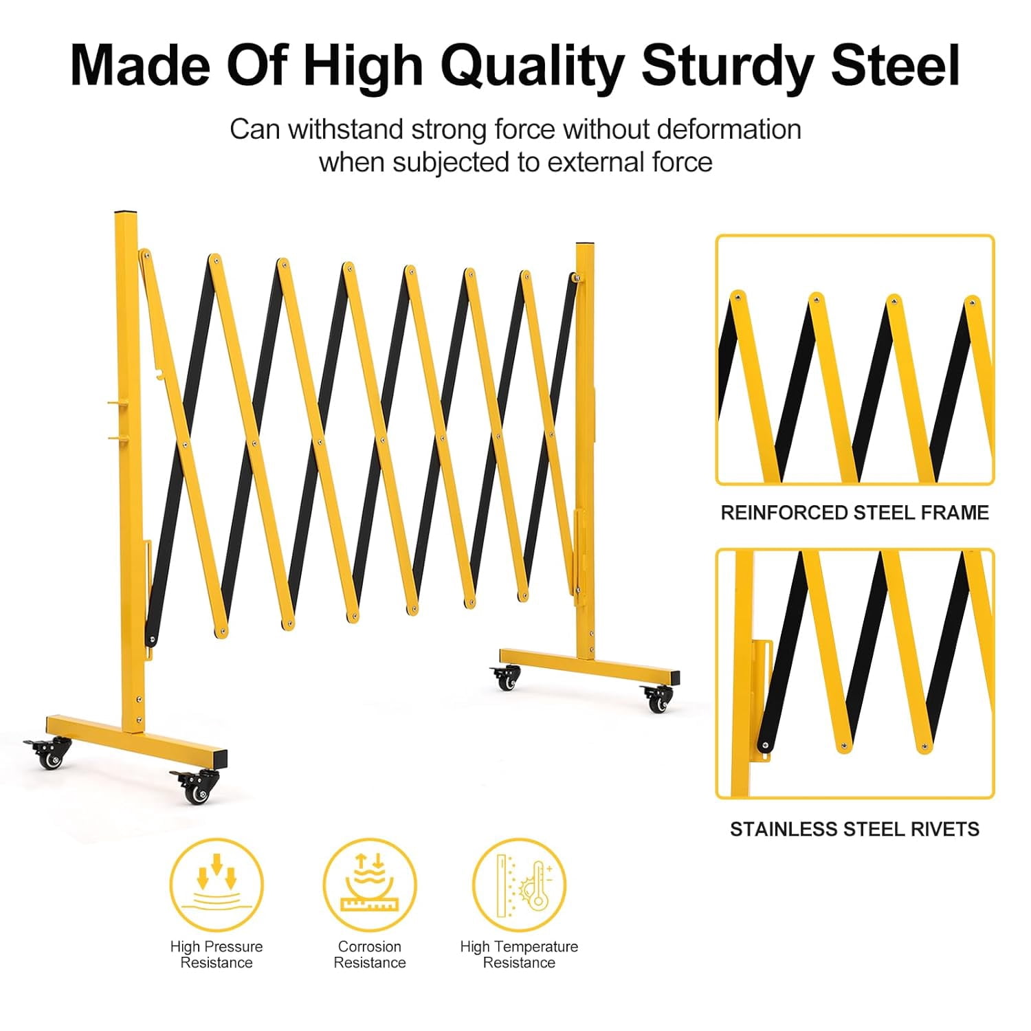 Metal Expandable Barricade, 11FT Folding Security Gate, Retractable Driveway Gate, Folding Safety Barricade, Yellow and Black