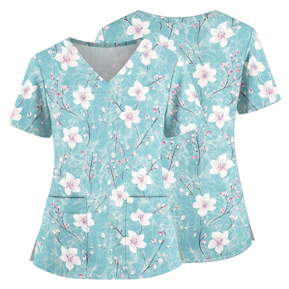 Scrubs for Women Wildflower Print Short Sleeve V Neck Soft Healthcare Wear