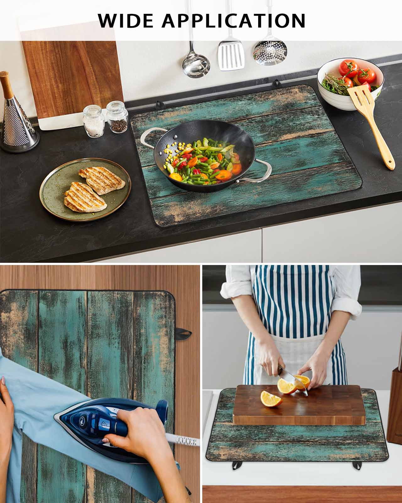 nqOlkjepod Large Induction Cooktop Protector Mat 24"x21", Teal Brown Wood Print Stove Top Covers for Electric Stove, Farmhouse Vintage Plank Decorative Stove Burner Cover Mats, Glass Top Stove Cover