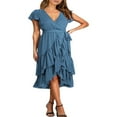 thumbnail image 3 of POINTERTECK Femmes Boho Manches Courtes V Robe de Cou Casual Ruffle Wrap Swing Plage Robe d'Été Mousseline de Soie Partie Midi Robe avec Ceinture, 3 of 5