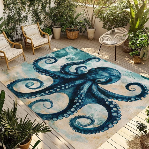 Teal Blue Octopus Outdoor Rug 5x8 Ft - Reversible Patio Rug Outdoor Camping Rugs, Summer Coastal Beach Wave Washable Indoor Outdoor Area Rugs, Non-Slip Outdoor Carpet Runner for Deck/Porch