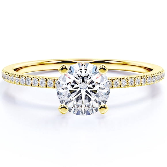 JeenMata Anillo de Compromiso de 1 Quilate con Corte Redondo y Engaste Pavé en Oro Amarillo de 18 K sobre Plata Esterlina