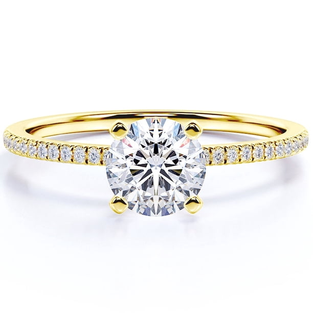 JeenMata Anillo de Compromiso de 1 Quilate con Corte Redondo y Engaste Pavé en Oro Amarillo de 18 K sobre Plata Esterlina