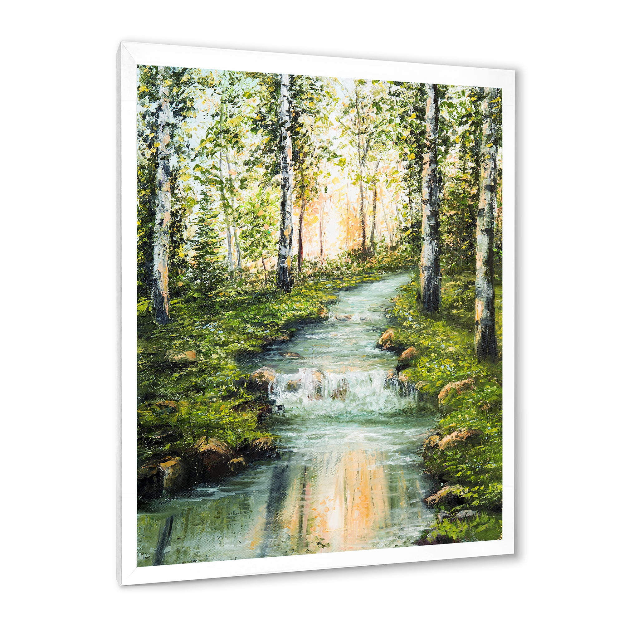 Designart 'River Through Green Birch Forest' Lake House Framed Art Print