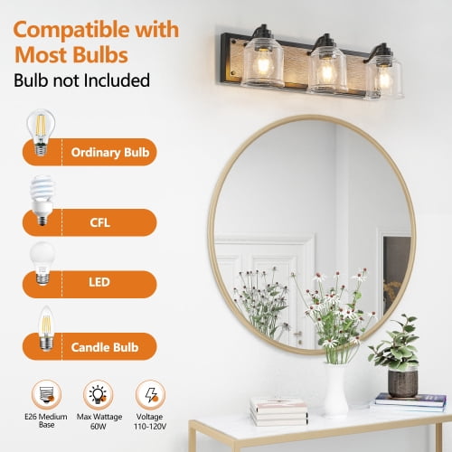 ACE-LIGHTS,3-Light Farmhouse Vanity Light Fixture,Bathroom Wall Sconce(Bulb Not Included) with Clear Seeded Glass Shades,Modern Industrial Design for Bathroom,Bedroom,Entrance,Passage(Black)