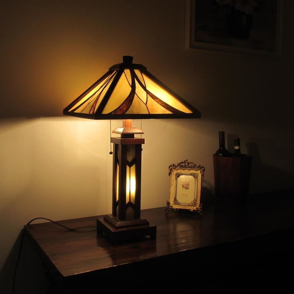 GORDON Tiffany-style Mission 3 Light Double Lit Wooden Table Lamp 15" Shade
