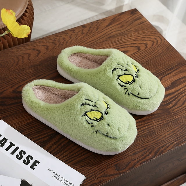 Pantuflas de peluche de Grinch, pantuflas peludas de monstruo verde, pantuflas transpirables de monstruo, pantuflas térmicas navideñas para hombre y mujer
