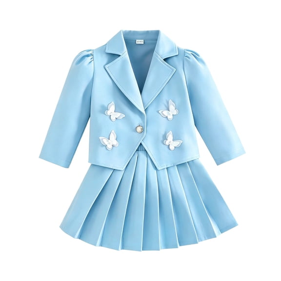 Girls 2 Piece Outfit Set, Butterfly Puff Sleeve Cropped Blazer and Elastic Waist Pleated Skirt, Cute Kids Suit for Back to School Daily Outdoor Casual Party Wear(Light Blue,7 Years)