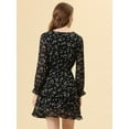 thumbnail image 4 of Vestido floral con cuello En V y manga larga con lazo En la cintura y dobladillo con volantes En capas Allegra K Negro S, 4 of 5