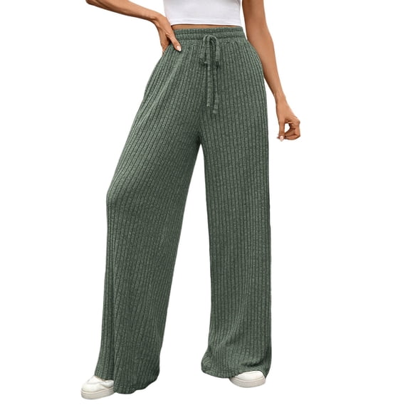Ribbed Knit Wide Leg Pants, Elastic Drawstring Waist Soft Trousers Comfortable Sporty Daily Pants for Women,Size:L