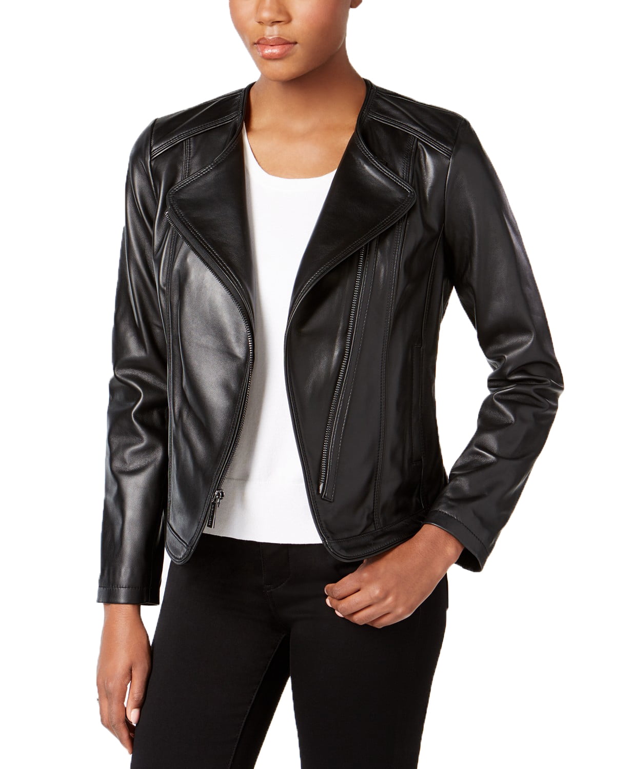 MICHAEL Michael Kors Womens Asymmetrical Cutaway Leather Jacket (Black ...