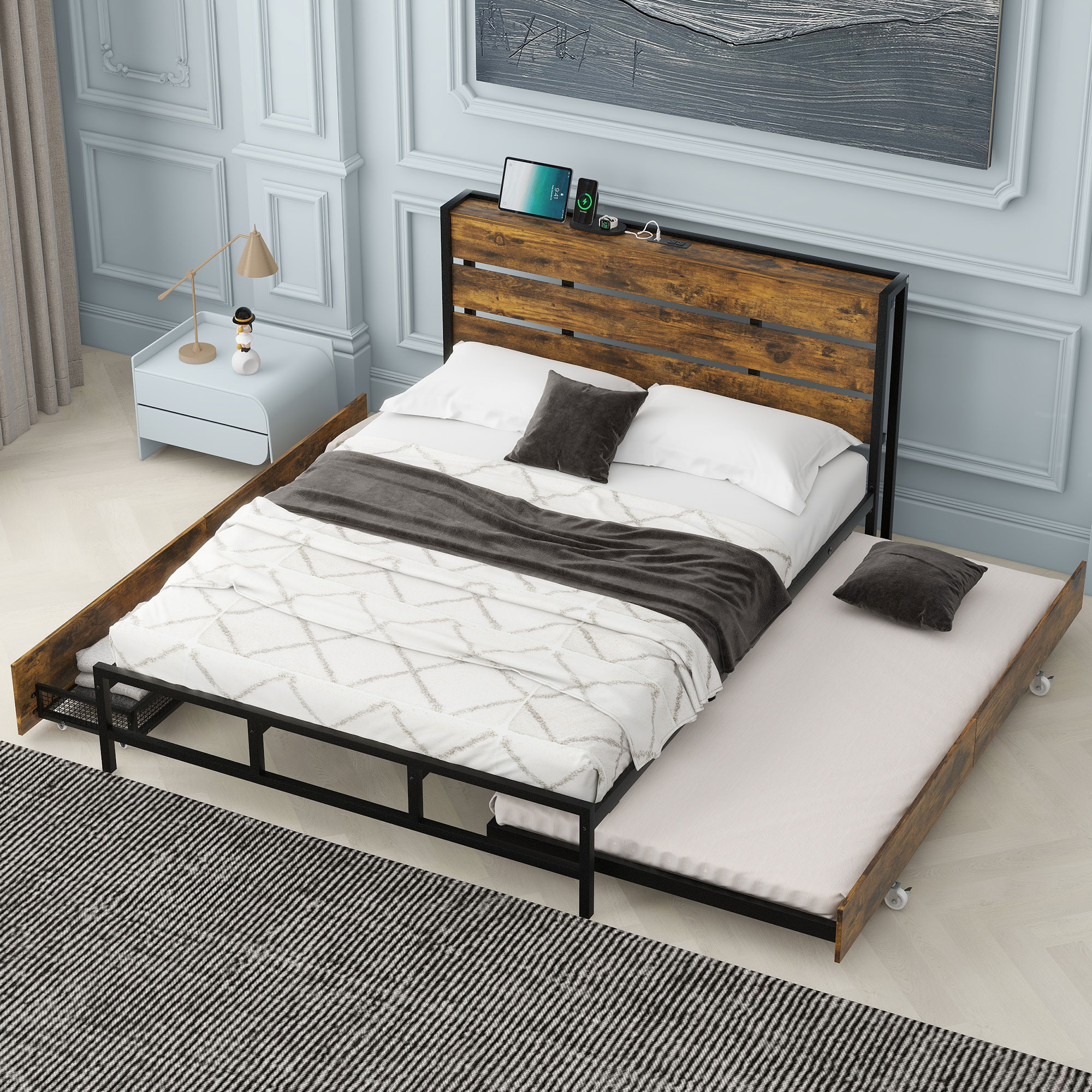 Euroco Wood Metal Queen Size Platform Bed with Functional Headboard, 4 Storage Drawers, Charging Station and USB Ports, Black