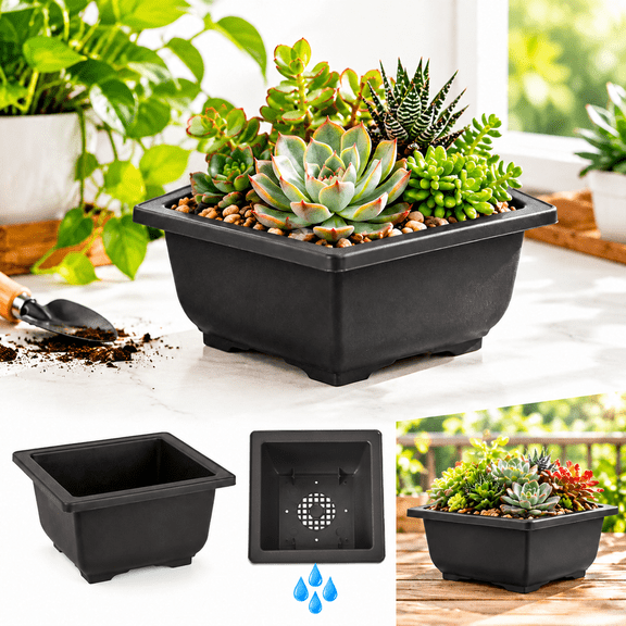 Liujiale Plastic Square Flower Pot, Lightweight Shallow Planter With Drainage Hole For Succulents Cacti And Indoor Plants For Home Gardening Black