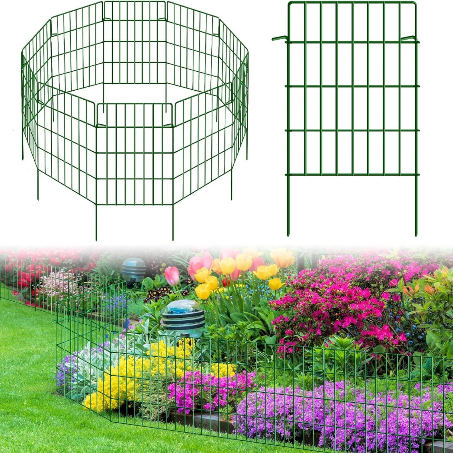 30 Pack Decorative Garden Fence Total 32.5ft (L) x 24in High 1.44" Gap Metal Wire Rustproof Small Animal Barrier Fence Easy Assembly Patio Yard Seedlings Protection Fencing Border Green
