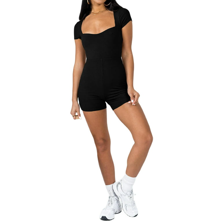 Women Y2k Knitted Short Jumpsuit Short Sleeve Bodycon Sexy V Neck Buttons  Rompers Shorts Knitted One Piece Bodysuit