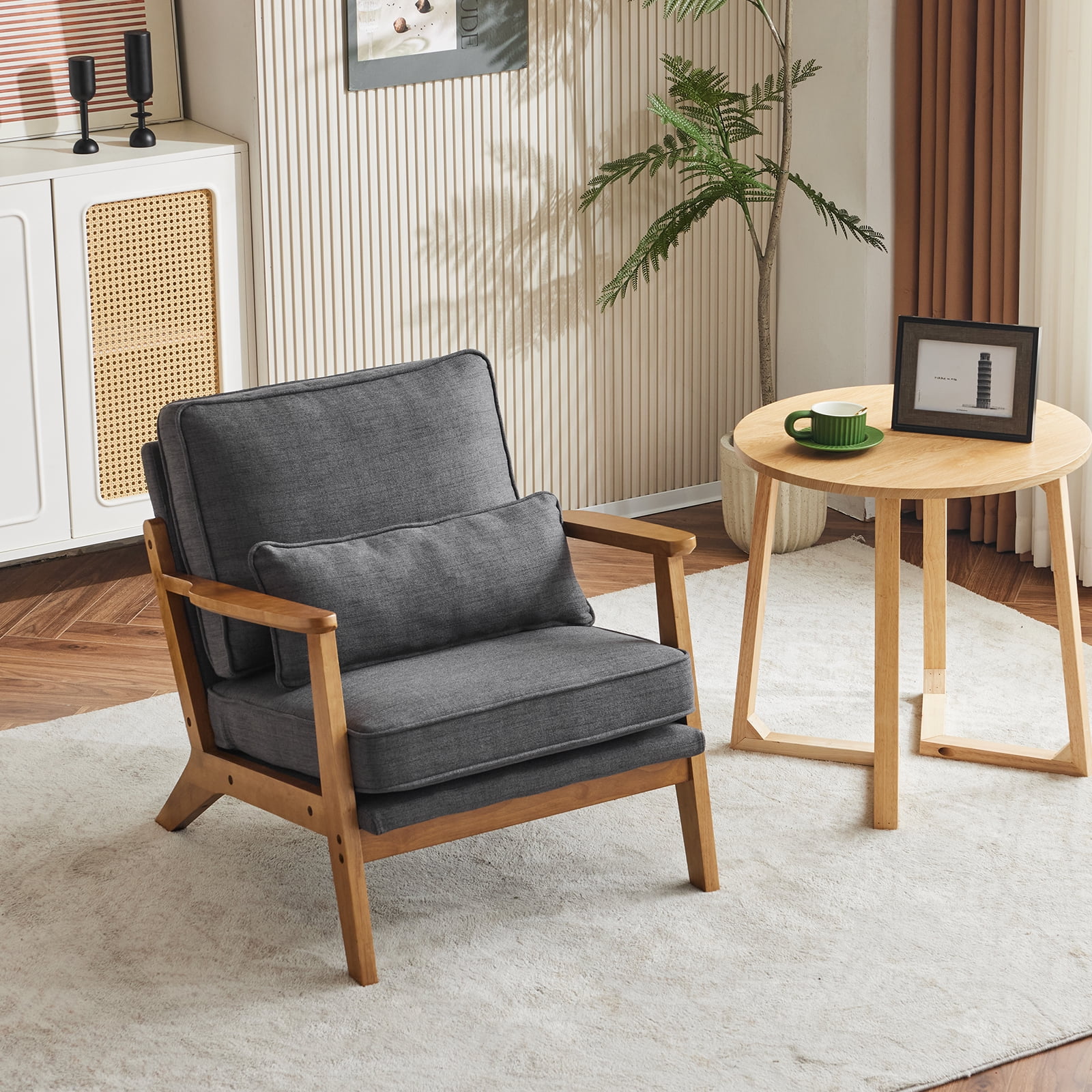 Ktaxon Accent Chair Line Fabric Upholstered Armchair, Reading Club Chair with Pillow for Living Room Bedroom Furniture Gray