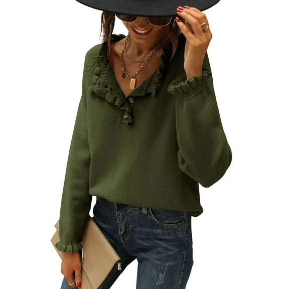 Women Sweaters Fall Winter Clothes Long Sleeve Button Up Ruffle Crew Neck Casual Knitted Pullover Tops Olive Green L