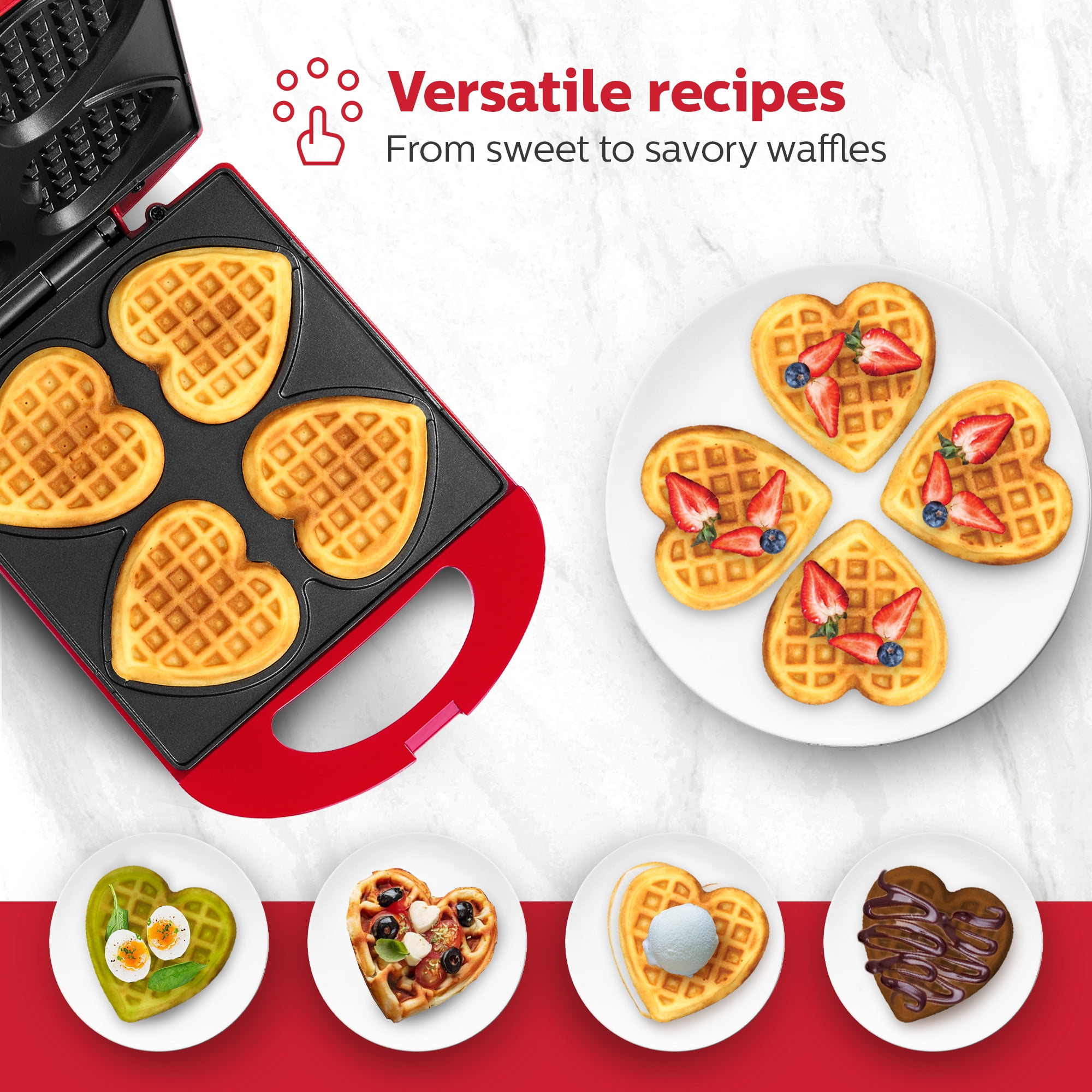 Holstein Housewares 4-Section Heart Shaped Waffle Maker, Red