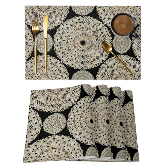Boho Khaki Placemats Set of 2, Circle Abstract Geometric Lines Black Non-Slip Place Mats Washable Table Mats for Kitchen Dining Table Decorations Indoor/Outdoor