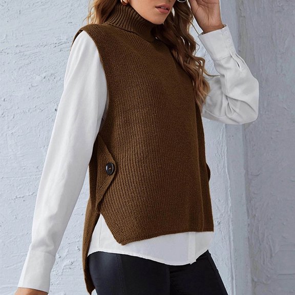 2026 Tops Vest for Women Turtleneck Vest Sweater Women Sleeveless Wear Solid Color Knit Vest Sweater Top Brown S