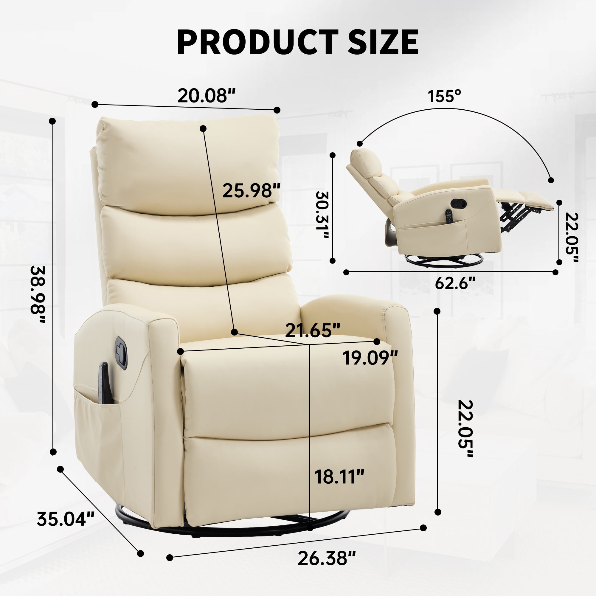 Aukfa 360° Swivel Recliner Rocking Chair with Massage and Heat for Living Room & Nursery, Leather, Beige