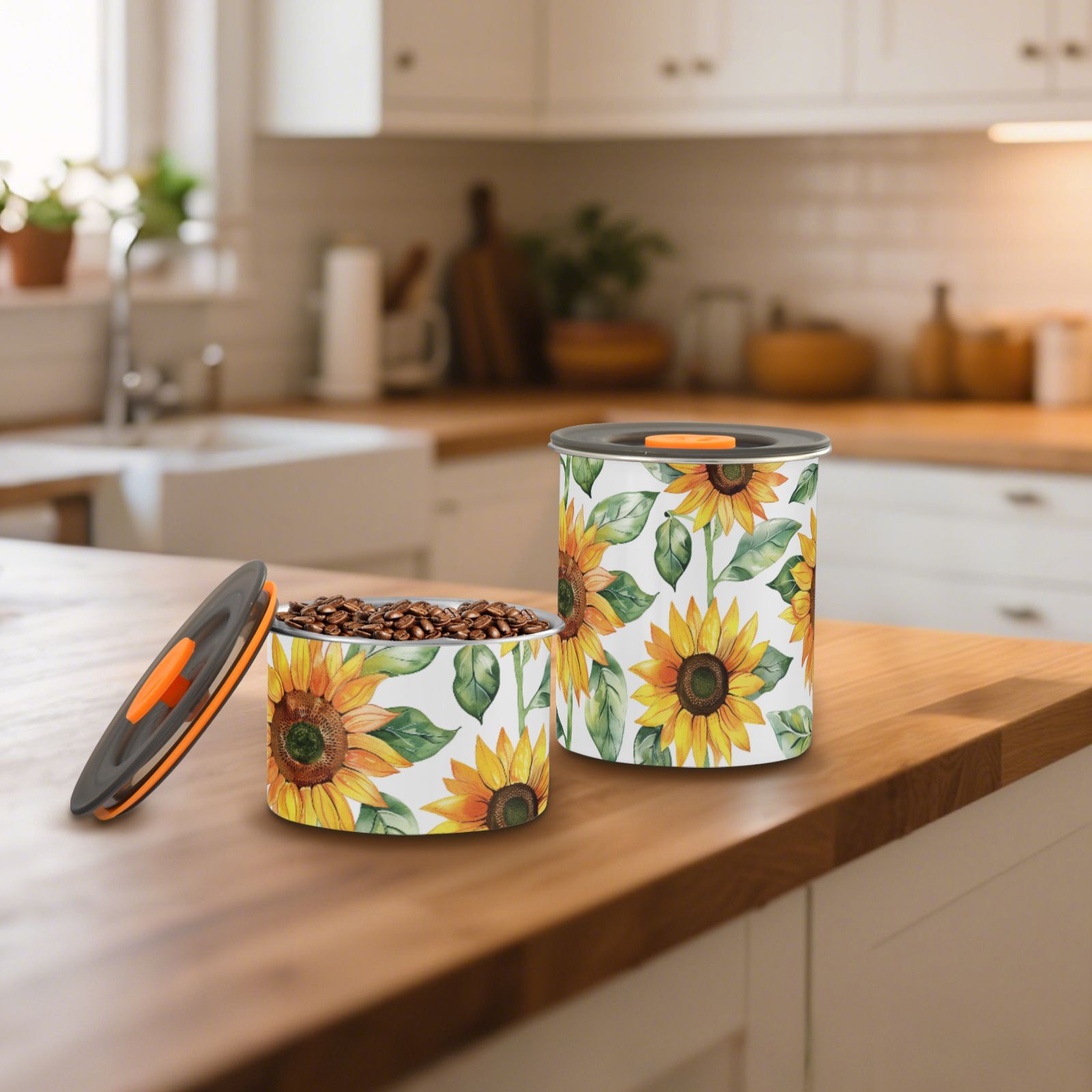 Sunflowers Watercolour Airtight Coffee Bean Canister 30oz Food Storage Containers with Lids For Gournd, Tea, Sugar, Flour, Rice, Cereal, Candy Cookie Jar