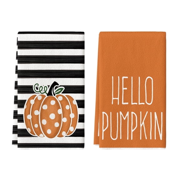 Sm:)e Hello Pumpkin Fall Thanksgiving Kitchen Dish Towels Set of 2, Striped, 18 x 26 Inch, Orange