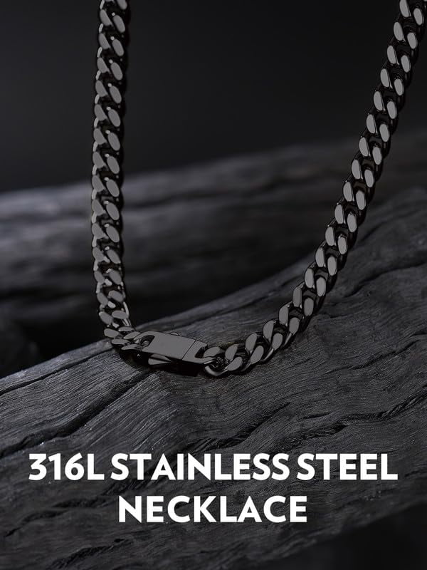 Bandmax 5MM Stainless Steel Mens Chain Necklaces Miami Cuban Link Black Chain for Men 18 Inches Chunky Cuban Chain Men Jewelry Birthday Valentines Father Day Gift for Dad Son Husband