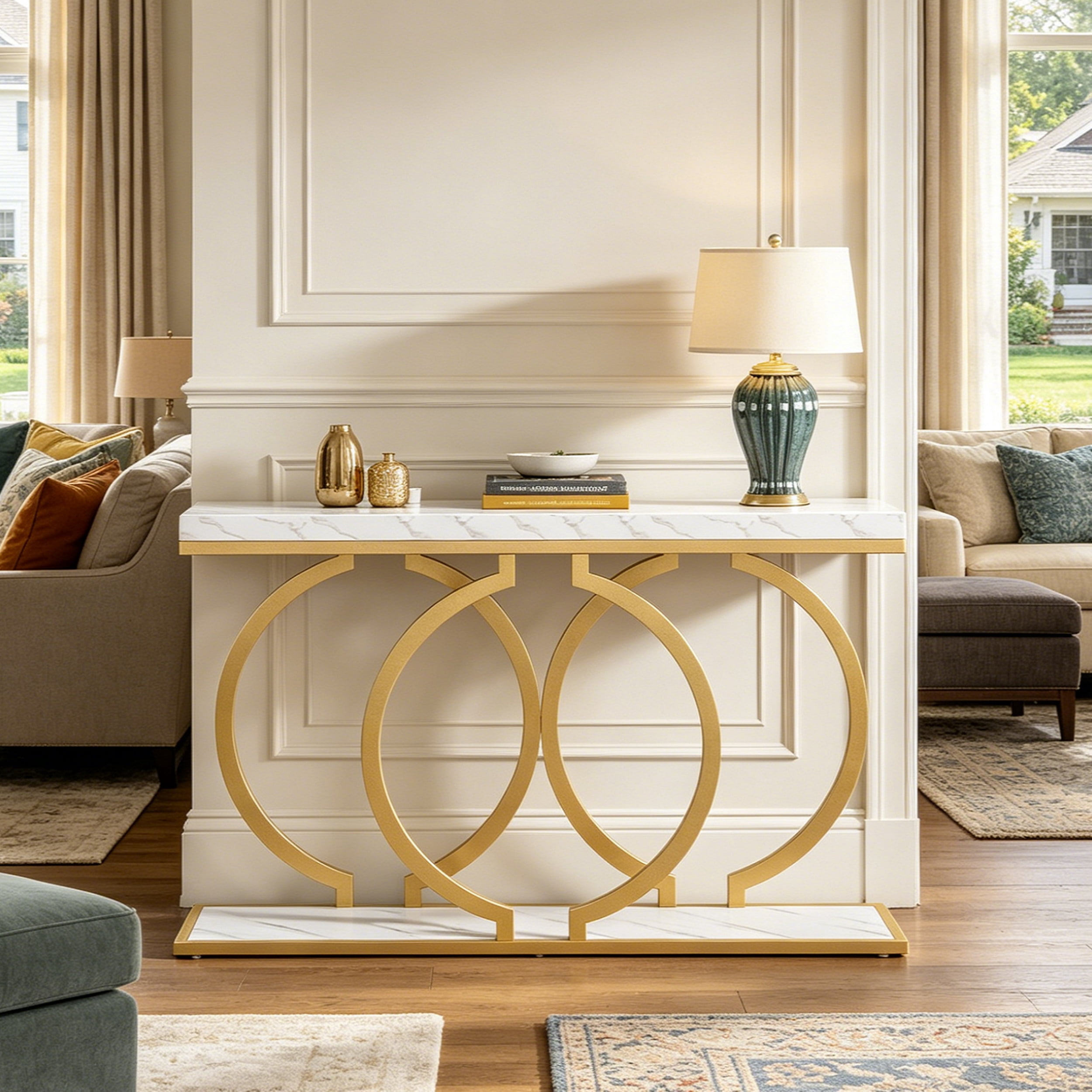 Fnova 55" Console Table, Modern Entryway Table with Geometric Metal Frame, Faux Marble Narrow Long Sofa Table for Living Room, Entrance, Hallway