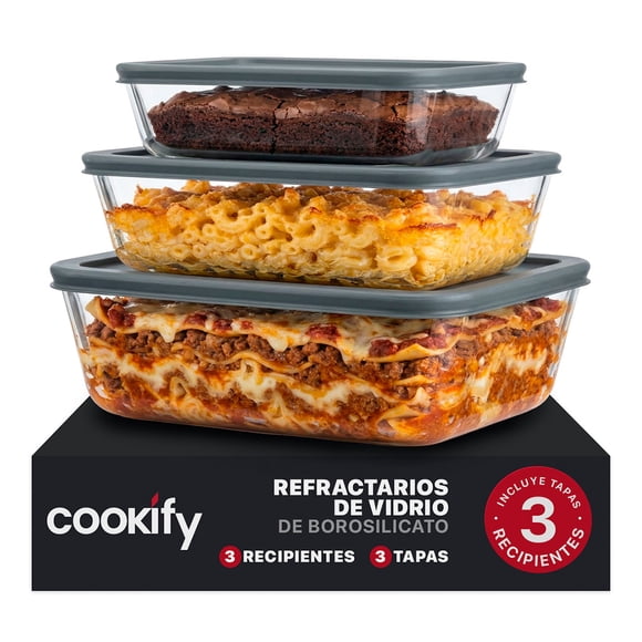 Set Refractario de Vidrio Recipientes Herméticos Cookify (3 Refractarios con Tapa)