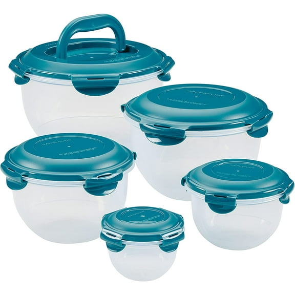 Leak-Proof Nestable Container Food Storage Bin Set, 10-Piece, Clear with Teal Lids