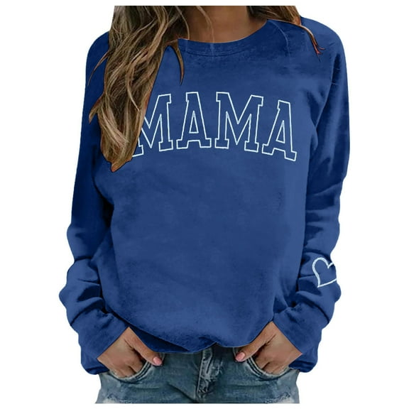 UJNDER Women's Letter Print Round Neck Pullover Sweatshirt Street Style Long Sleeve Blue L