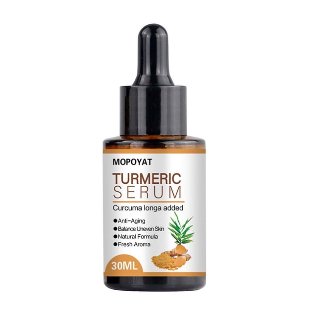 sérum corrector de ojeras con cúrcuma essence, frasco ámbar de 30 ml con cuentagotas negro, vista frontal; etiqueta blanca con texto "Turmeric Serum" y gráfico de cúrcuma, diseño multicolor, indicado para aplicar en ojeras, manchas y zonas localizadas, textura ligera de rápida absorción adecuada para uso facial diario.