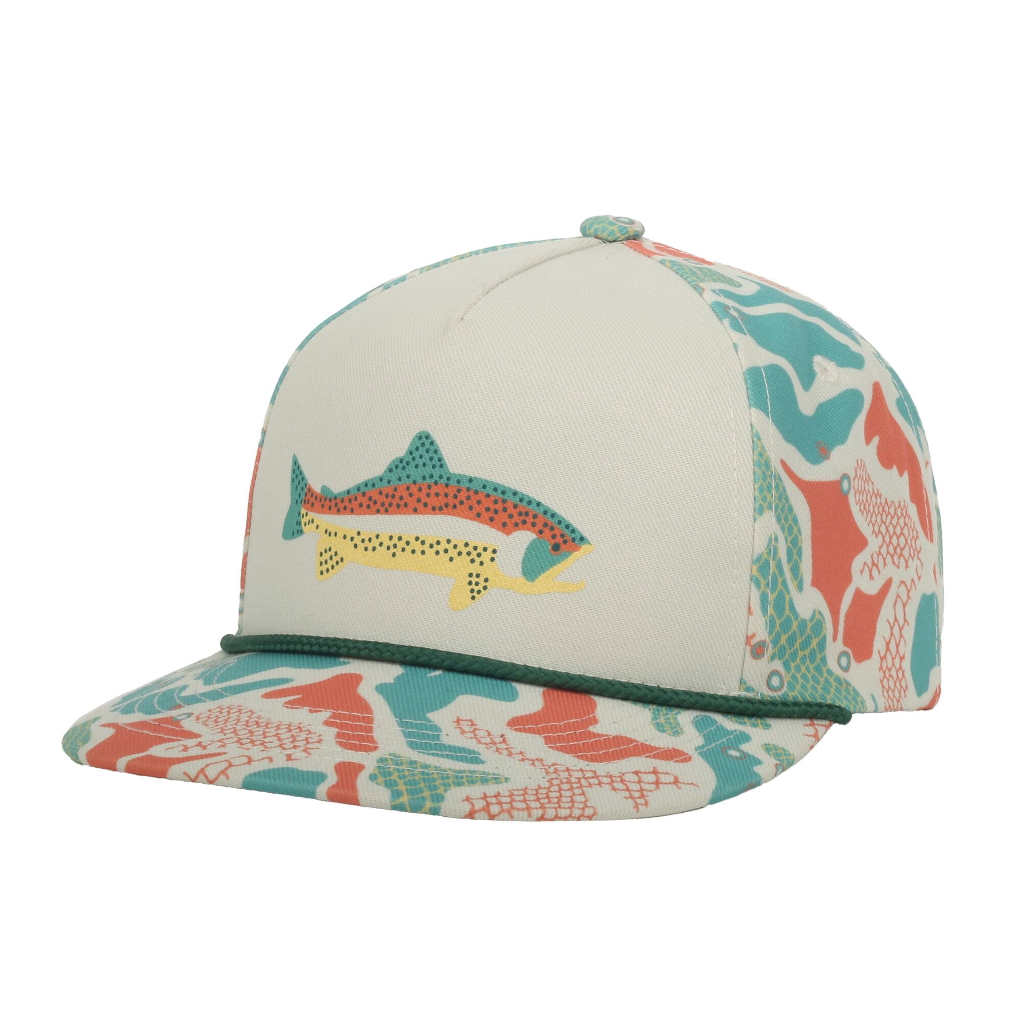 Outdoor Cap Trout Fishing 5-Panel Structured Hat – Flat Visor with Rope, Sublimated Camo Print, Ivory, One Size