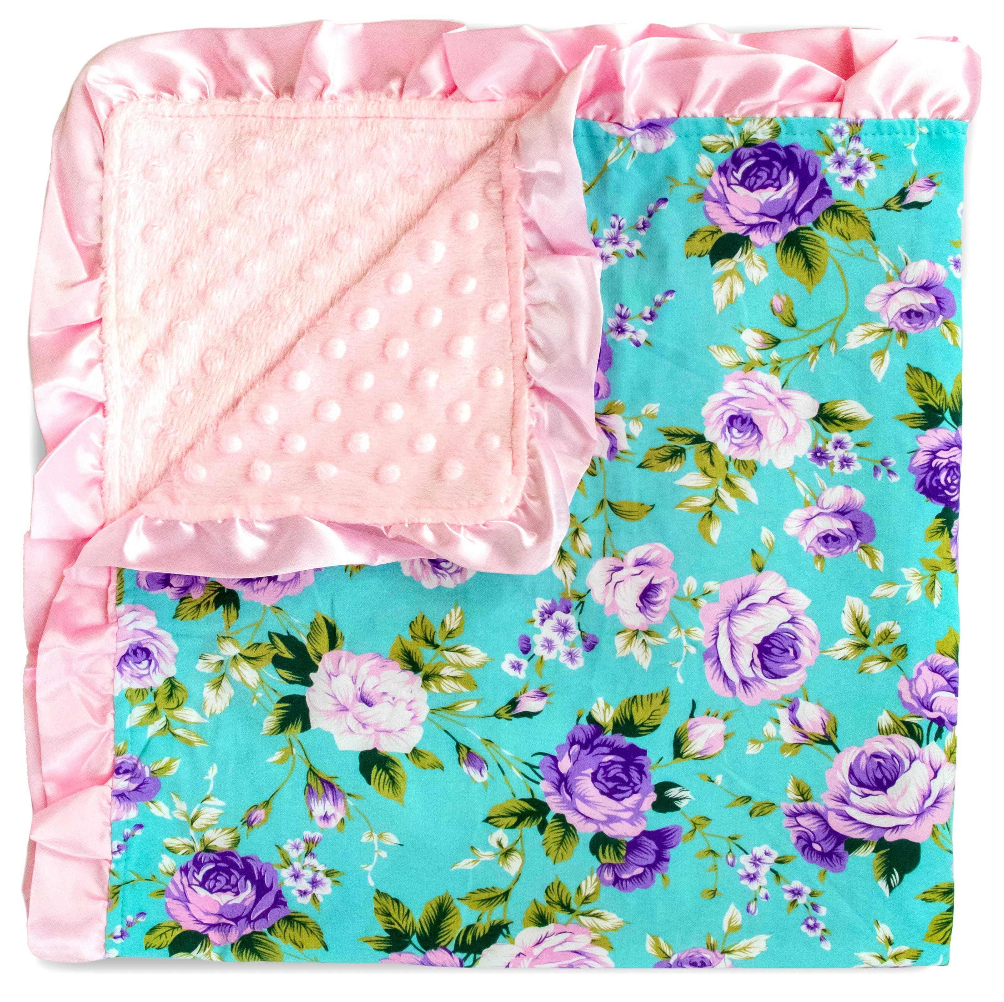 Top Tots Baby Blanket Purple Flowers with Pink Minky Dot & Satin