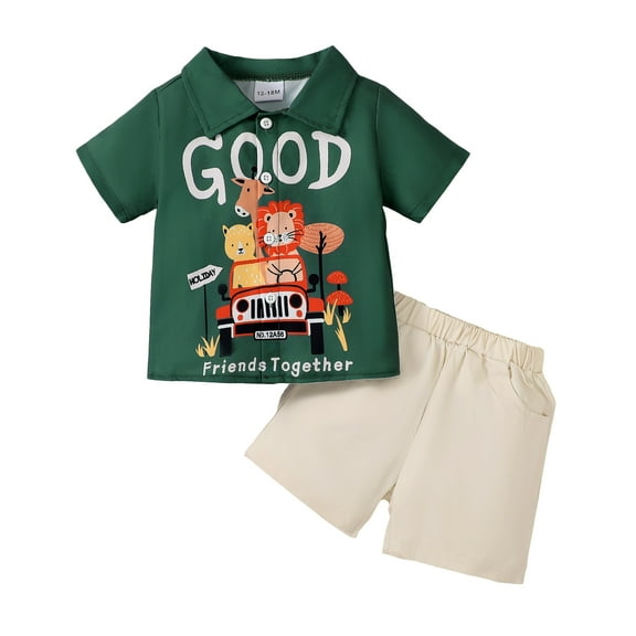 Kucnuzki 2T Toddler Boys Outfits 3T Toddler Boys Summer Clothes Sets Short Sleeves Shirt Top Lion Print Top Solid Color Shorts Sets 2pcs Green 2-3 Years