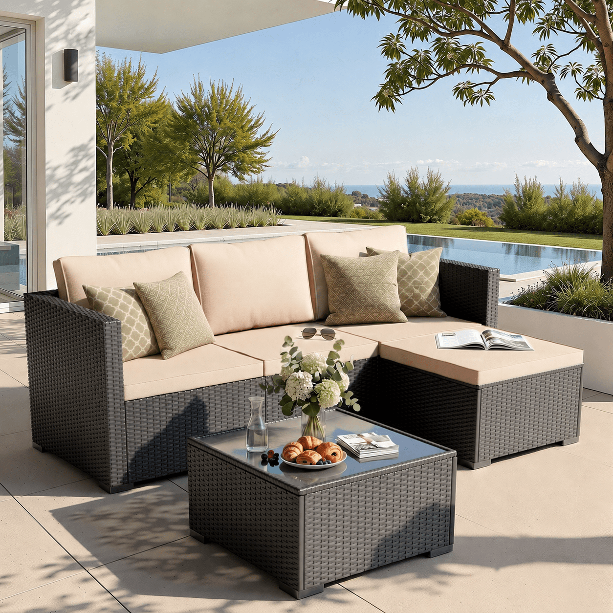 Patio Furniture Set 5 Piece - Wide Armrests - All-Weather Wicker Rattan Outdoor Patio Conversation Couch Sets, Modular Sectional Sofa for Garden, Patio, Poolside, Backyard, Balcony, Porch,Khaki