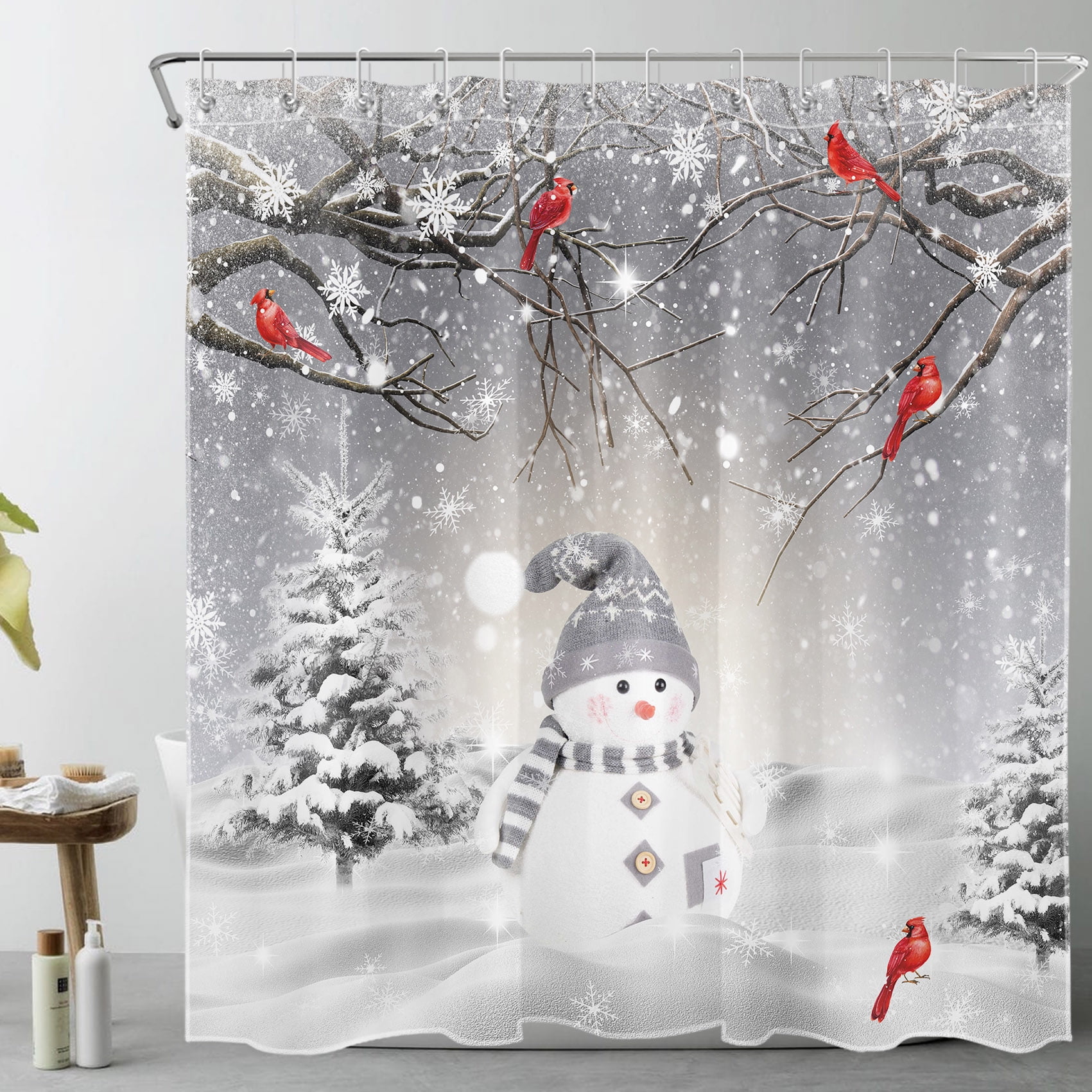Winter Christmas Shower Curtain for Bathroom, Cardinals and Cute Snowman on Snowfield Winter