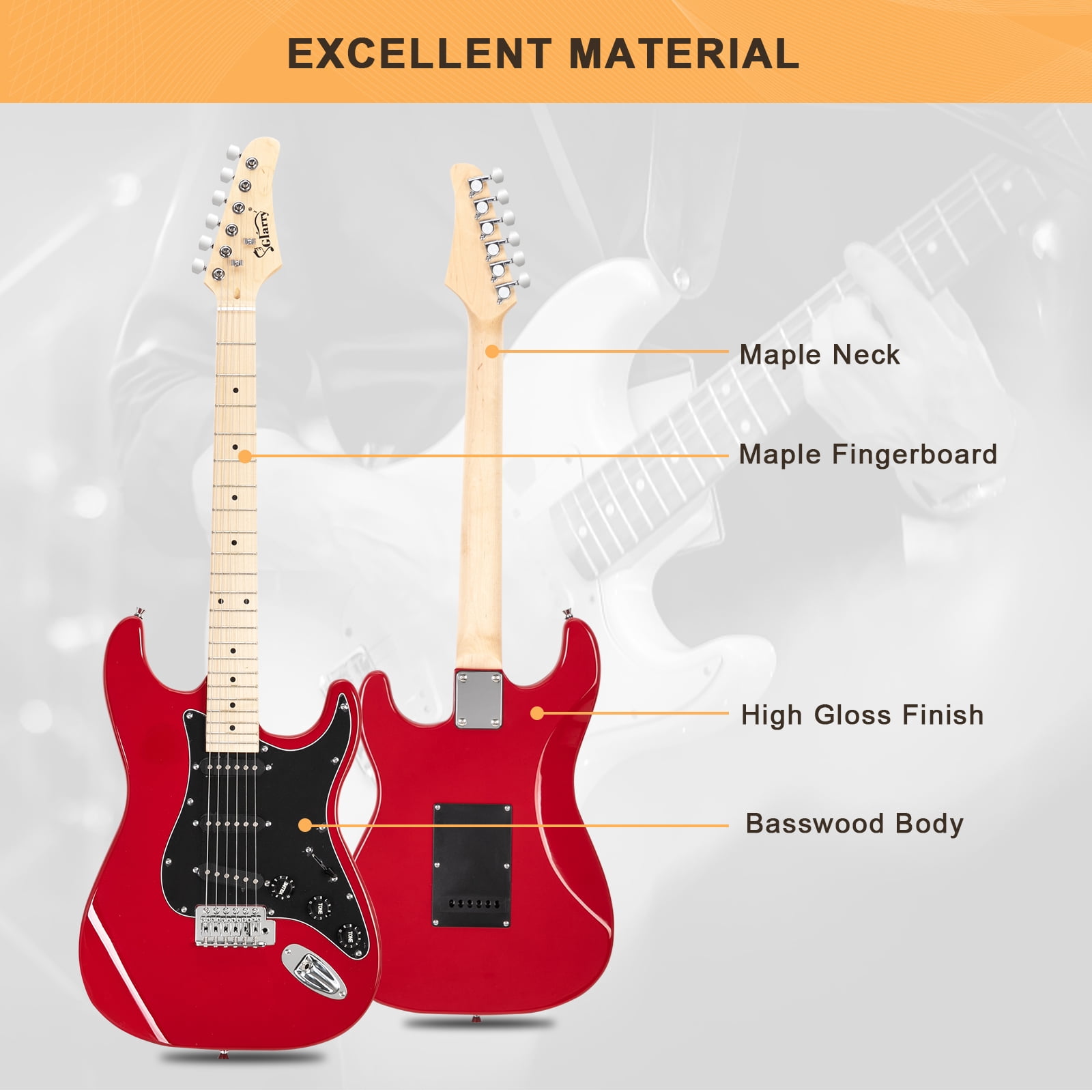 GLARRY Full Size Maple Electric Guitar with Amp and Case Beginner Red