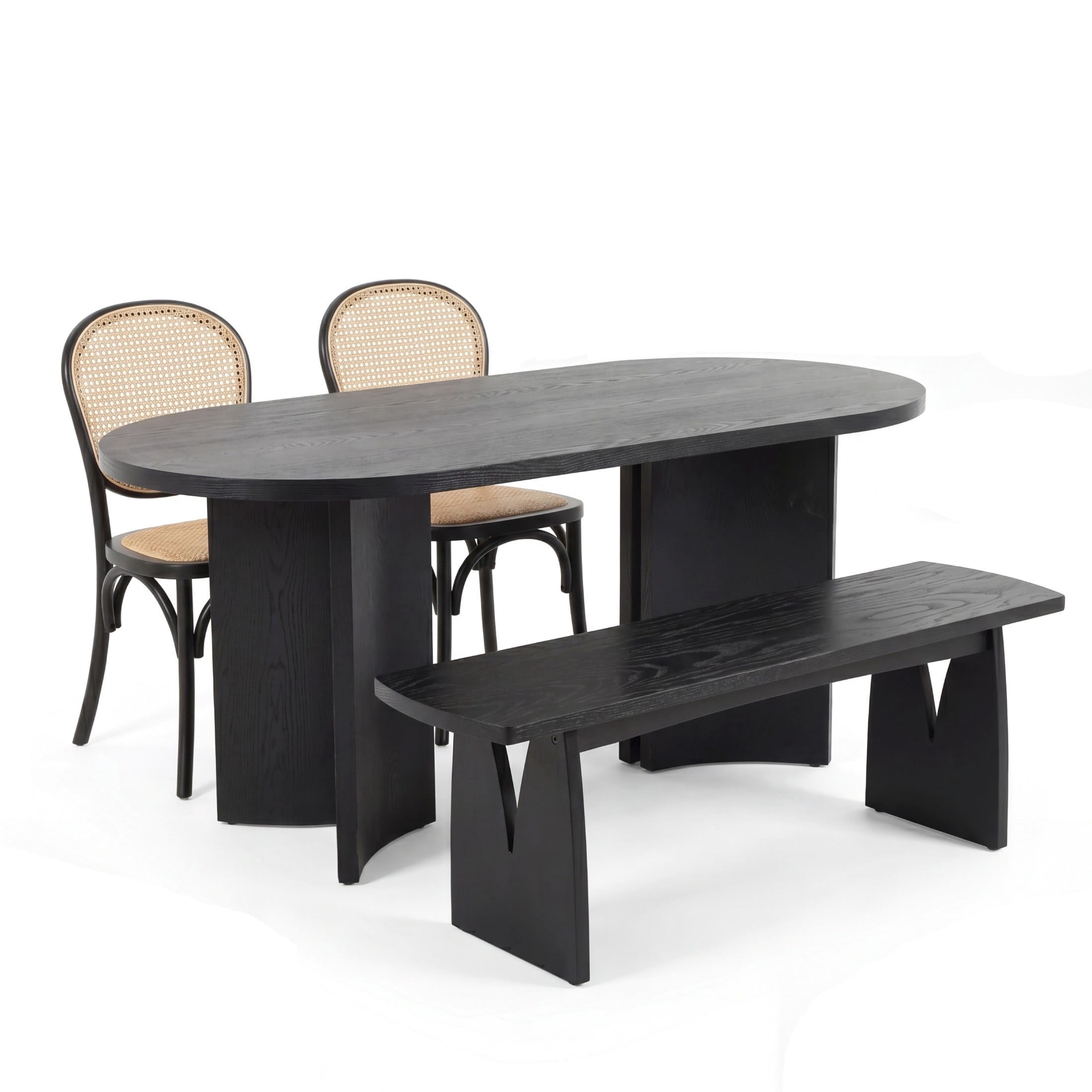 Christopher Knight Home 4-Piece Oval Dining Set for 4, Modern Table with Bench and Rattan Chairs, Black