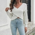 thumbnail image 4 of Lilgiuy Women Cropped Top Casual V-Neck Loose Solid Long Sleeve Navel Tops Women Blouse,White,6 2022 Fall Winter, 4 of 5