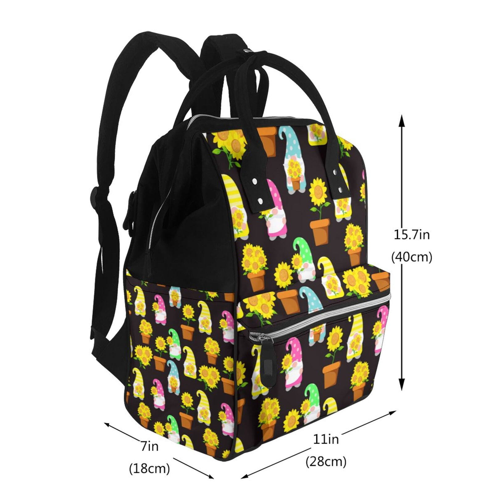 Fuzoiu Gnomes With Sunflowers Print Diaper Bag Backpack,Baby Essentials Travel Tote,Multi function Waterproof Diaper Bag, Travel Essentials Baby Bag - Unisex