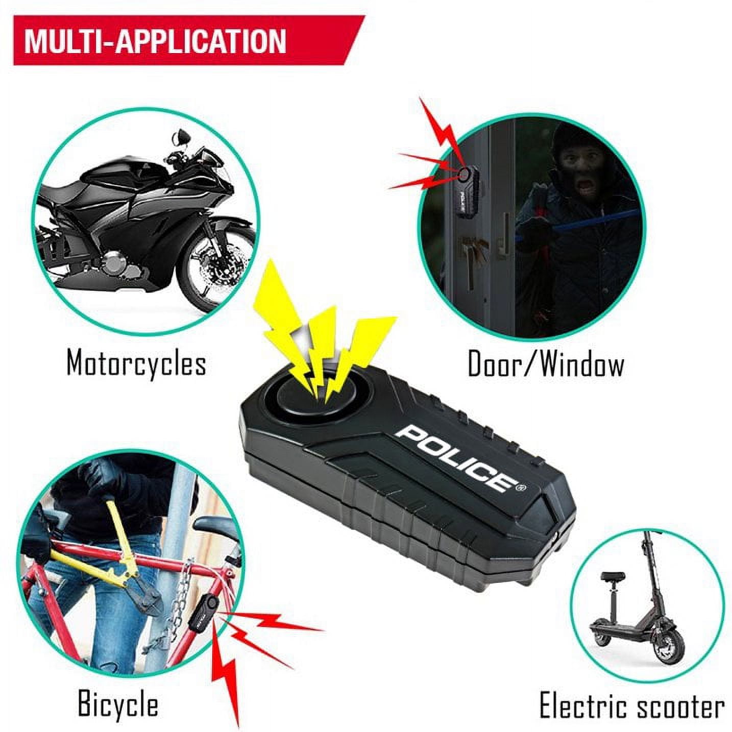 POLICE Bike Alarm with Remote 113dB Loud Scooter Alarm System, Anti Theft Motorcycle Alarm, Wireless Vibration Motion Sensor Waterproof Security System for Electric Bike Tricycle Mobility Scooter