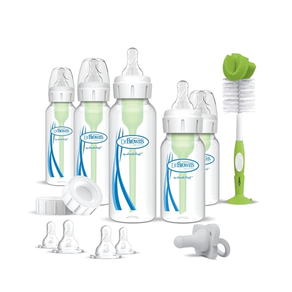 Dr. Brown’s Options Anti-Coliques+ Biberon Étroit Essentiels pour Nouveau-Né Ensemble-Cadeau avec Biberons 4oz et 8oz, Brosse pour Biberon et Silicone 100 % HappyPaci