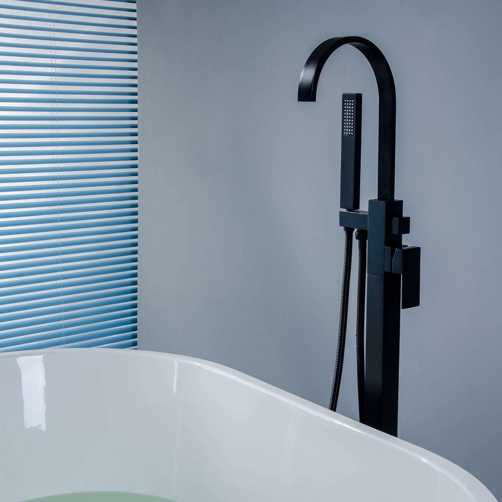 BWE Waterfall Spout Freestanding Floor Mounted Bathtub Faucet with Hand Shower Single Handle Bathroom Faucet with Handheld Sprayer in Matte Black Floor Mount Tub Filler Leadless Solid Brass