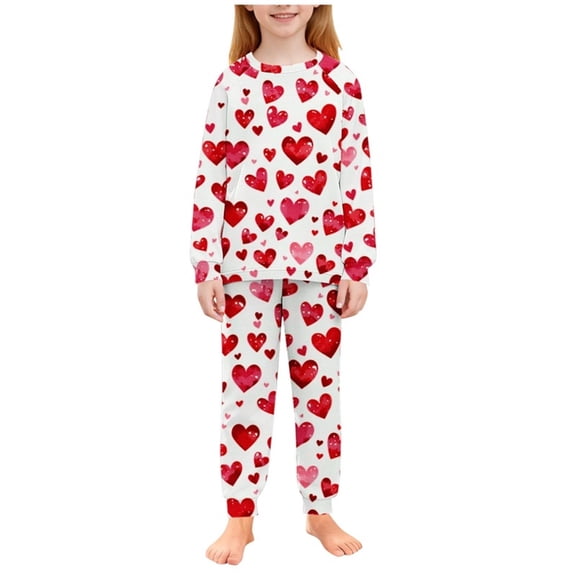 BLVB Girls Valentines Pajamas Set Pjs Long Sleeve Crewneck Heart Sleepwear Loungewear Sets for Kids 5-16 Years