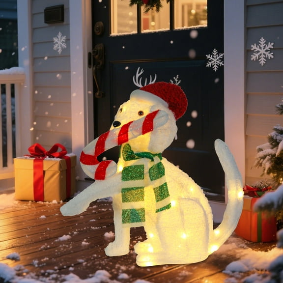 Lighted Christmas Dog Decoration with Candy Cane – LED - Lit White Plush Dog Wearing Santa Hat & Green Scarf, Festive Indoor/Outdoor Holiday Decor