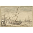 thumbnail image 2 of Adam Willaerts 18x13 Black Ornate Wood Framed Double Matted Museum Art Print Titled - Fisherfolk Hauling Their Boat onto the Shore, 2 of 5
